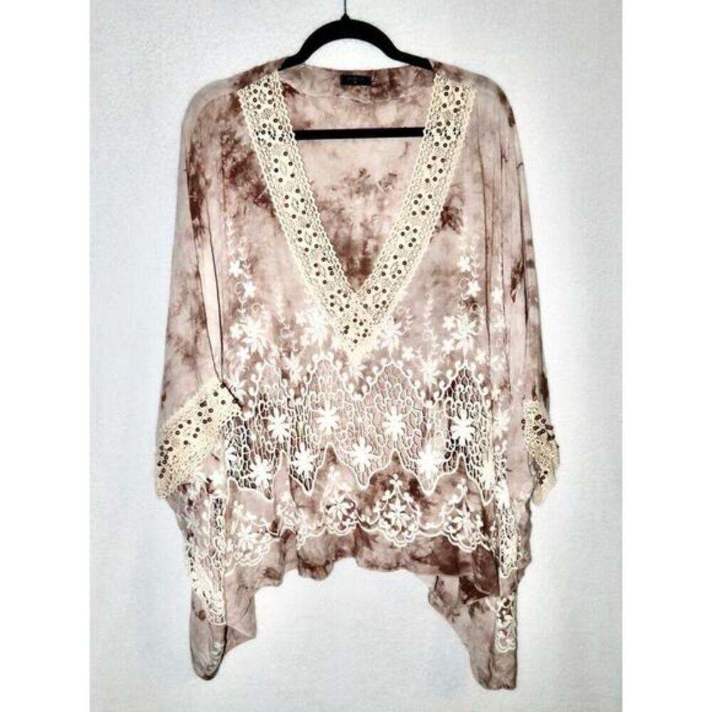 Samar Oversized Crochet‎ Beaded Batwing V-Neck 100% Viscose Tie-Dye Blouse